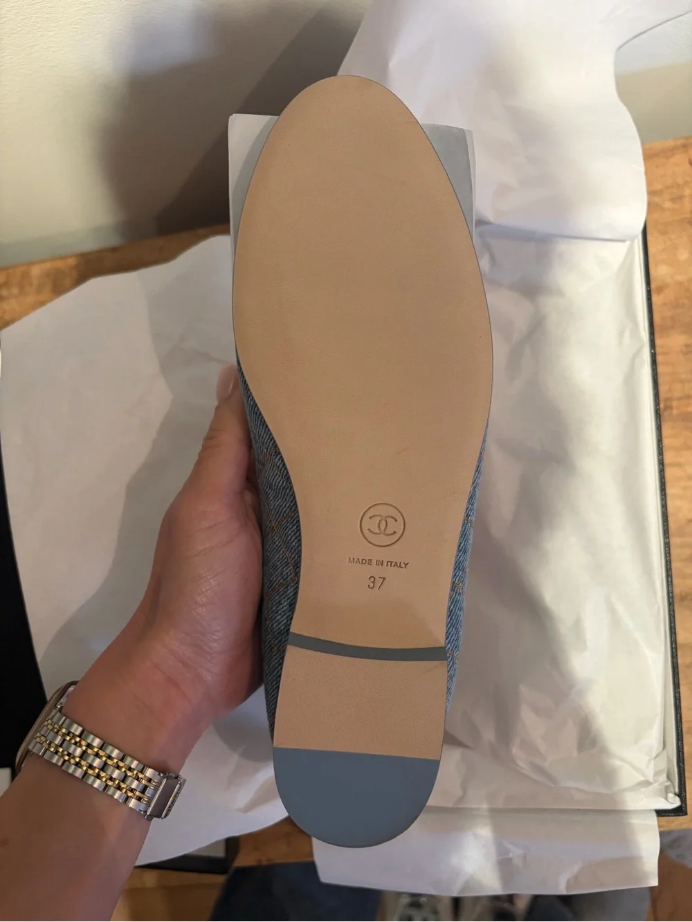 Chanel Light Blue Quilted Denim Ballet Flats